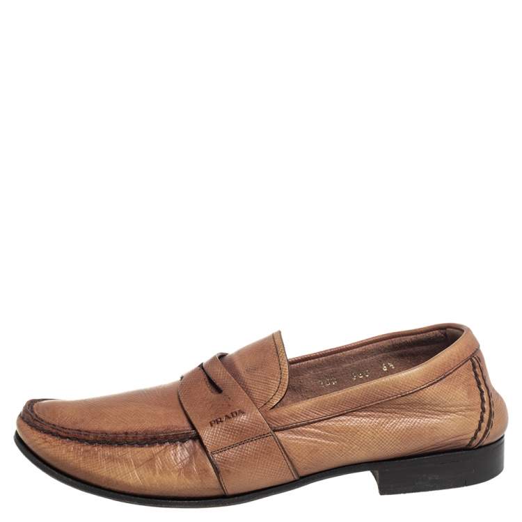 Pre Owned Prada Brown Leather Penny Slip On Loafers Size 40.5