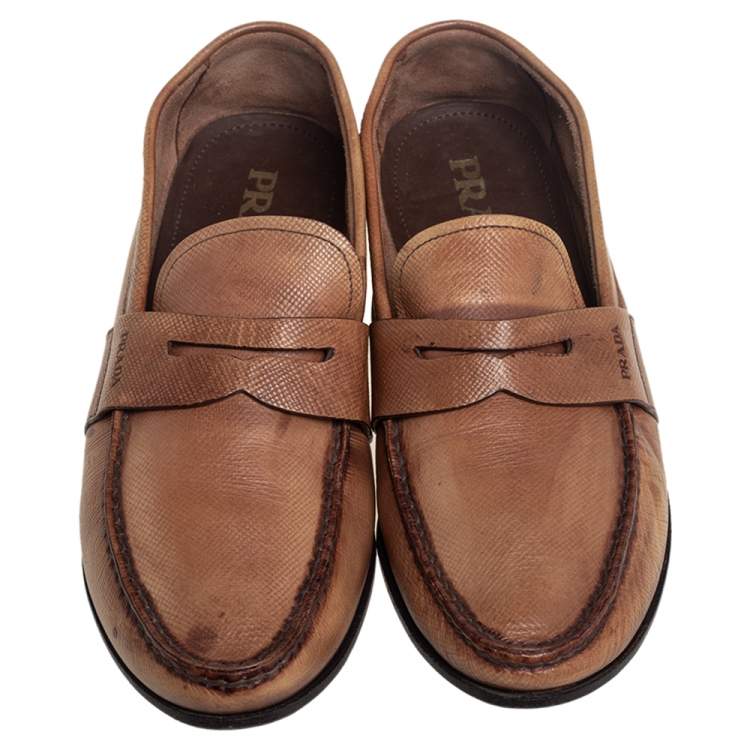 Pre Owned Prada Brown Leather Penny Slip On Loafers Size 40.5