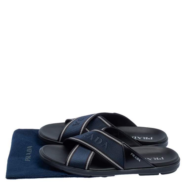 Pre Owned Prada Blue Leather and Nylon Logo Tape Crisscross Slides Size 43