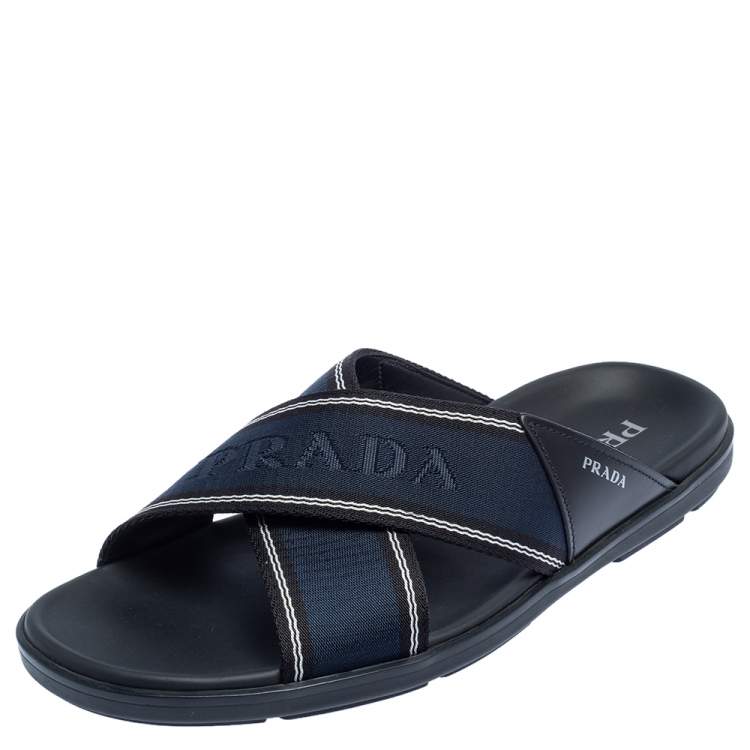 Pre Owned Prada Blue Leather and Nylon Logo Tape Crisscross Slides Size 43