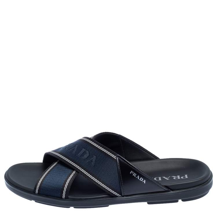 Pre Owned Prada Blue Leather and Nylon Logo Tape Crisscross Slides Size 43