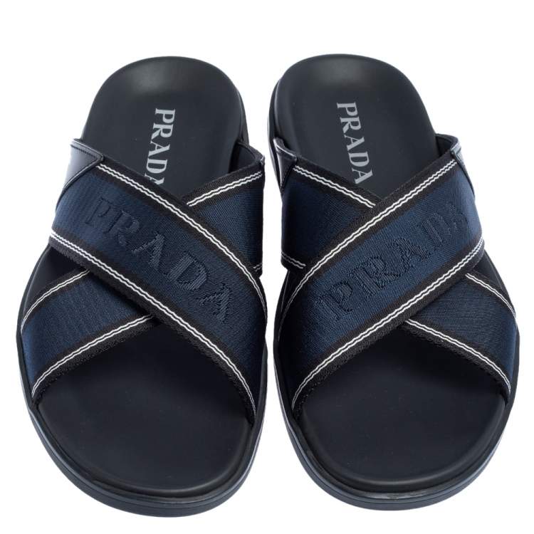 Pre Owned Prada Blue Leather and Nylon Logo Tape Crisscross Slides Size 43