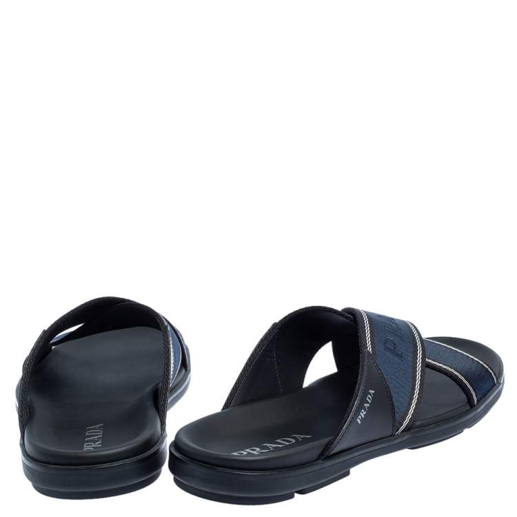 Pre Owned Prada Blue Leather and Nylon Logo Tape Crisscross Slides Size 43