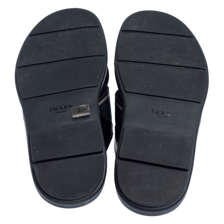 Pre Owned Prada Blue Leather and Nylon Logo Tape Crisscross Slides Size 43