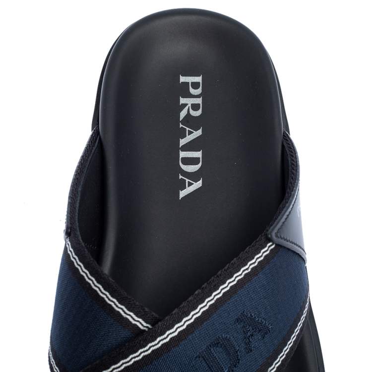 Pre Owned Prada Blue Leather and Nylon Logo Tape Crisscross Slides Size 43