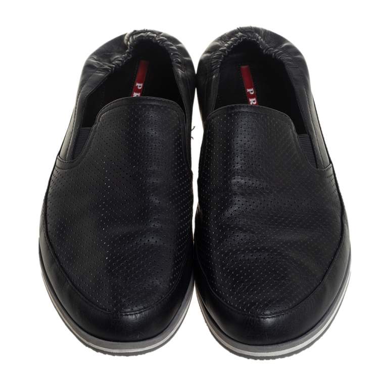 Pre Owned Prada Black Leather Slip on Sneakers Size 44
