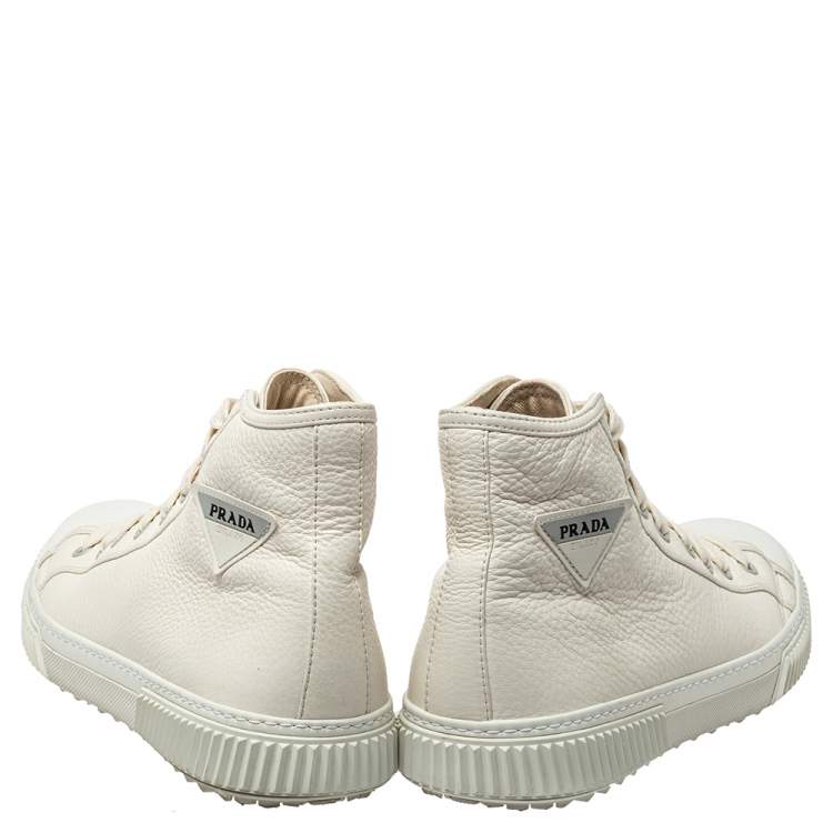 Pre Owned Prada White Leather Cap Toe Logo Patch High Top Sneakers Size 44.5 