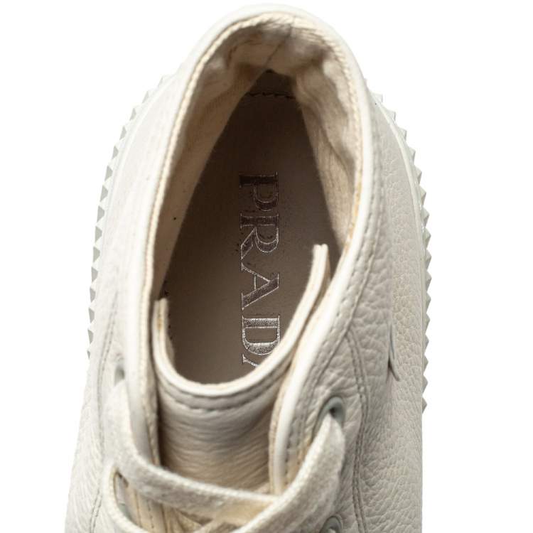 Pre Owned Prada White Leather Cap Toe Logo Patch High Top Sneakers Size 44.5 