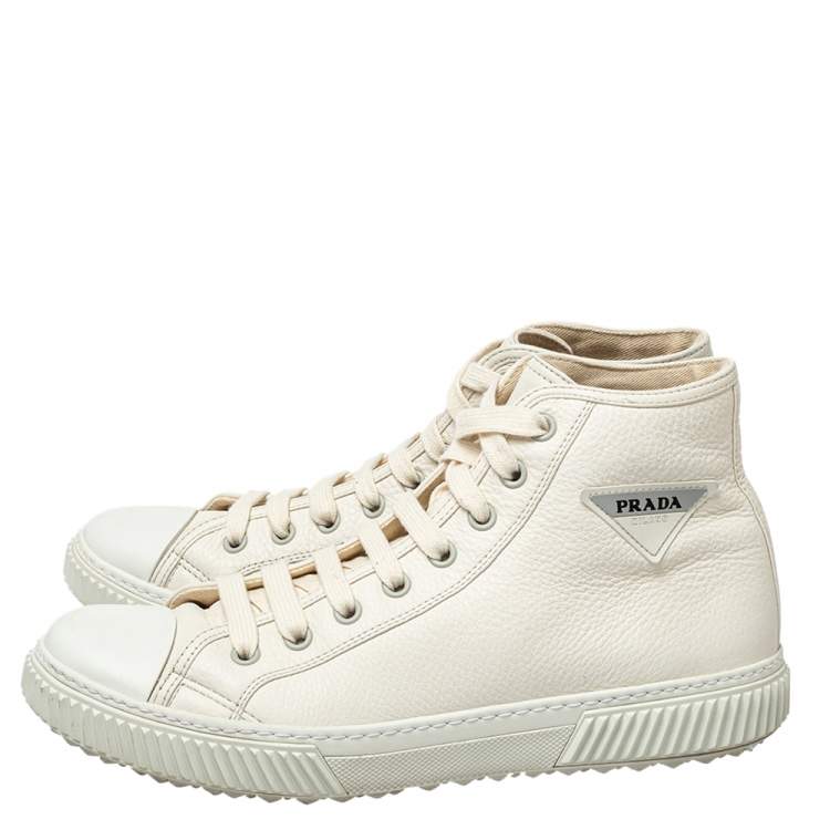 Pre Owned Prada White Leather Cap Toe Logo Patch High Top Sneakers Size 44.5 