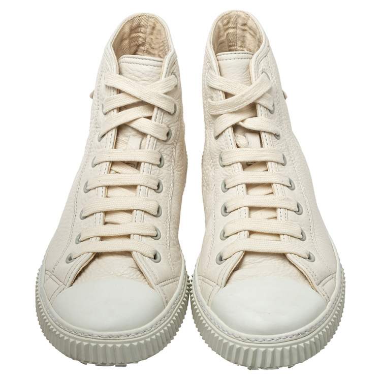 Pre Owned Prada White Leather Cap Toe Logo Patch High Top Sneakers Size 44.5 