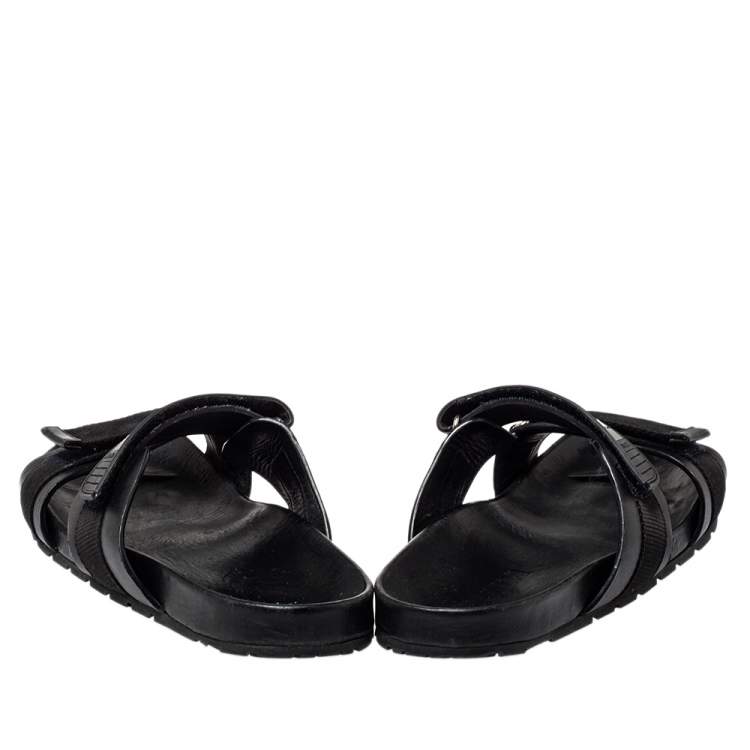 Pre Owned Prada Black Nylon And Leather Velcro Strap Flat Sandals Size 45