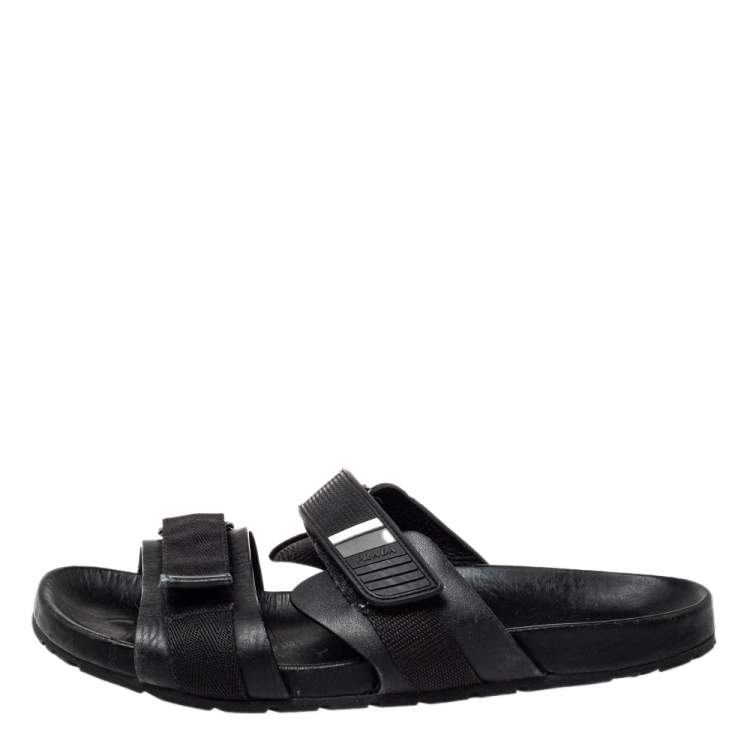 Pre Owned Prada Black Nylon And Leather Velcro Strap Flat Sandals Size 45