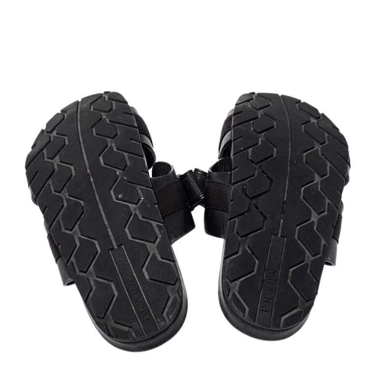 Pre Owned Prada Black Nylon And Leather Velcro Strap Flat Sandals Size 45