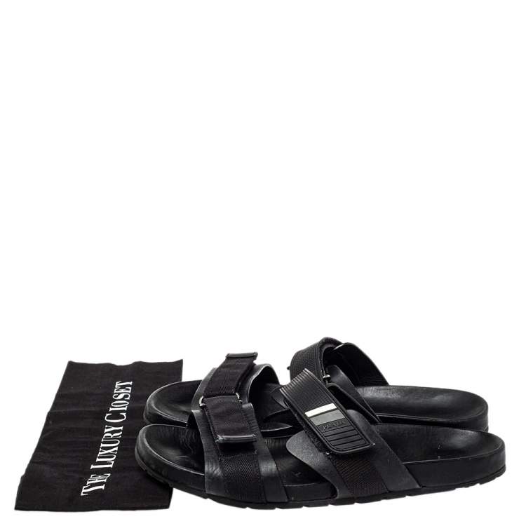 Pre Owned Prada Black Nylon And Leather Velcro Strap Flat Sandals Size 45