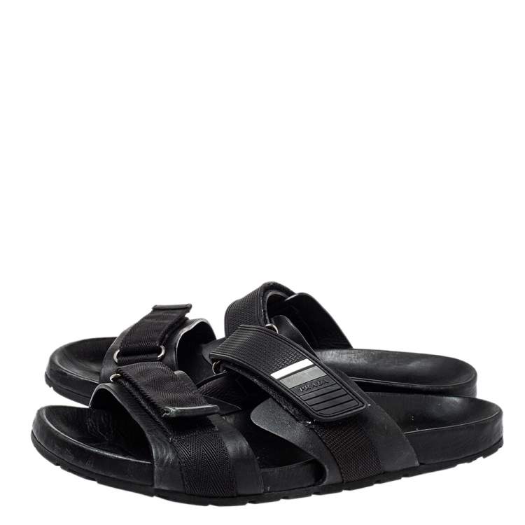 Pre Owned Prada Black Nylon And Leather Velcro Strap Flat Sandals Size 45