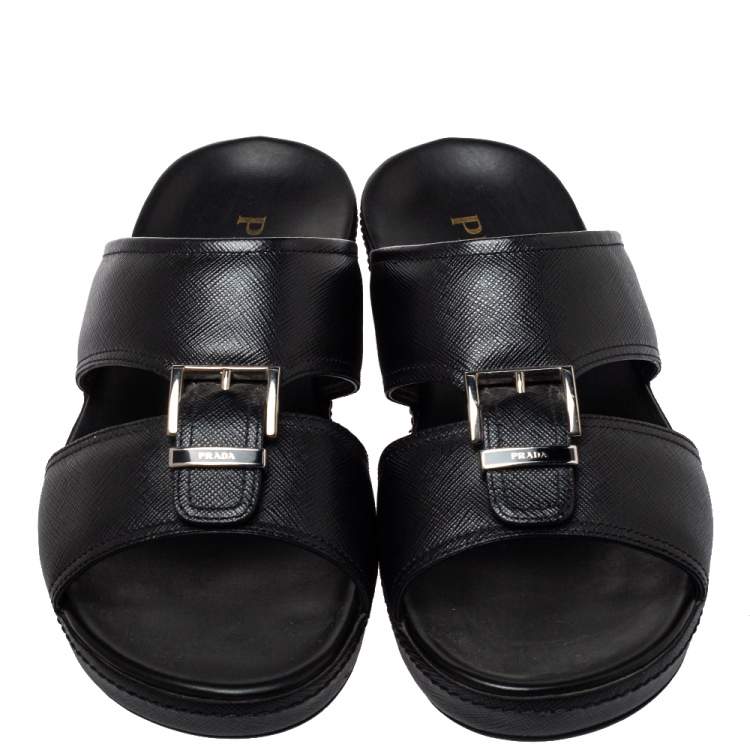 Pre Owned Prada Black Leather  Buckle Slide Flat Sandals Size 41.5