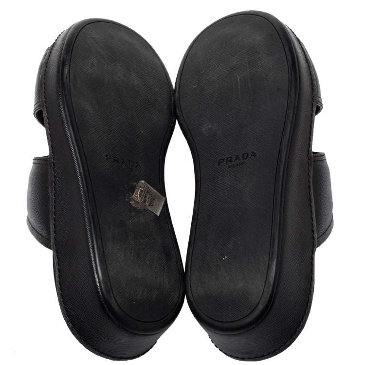 Pre Owned Prada Black Leather  Buckle Slide Flat Sandals Size 41.5