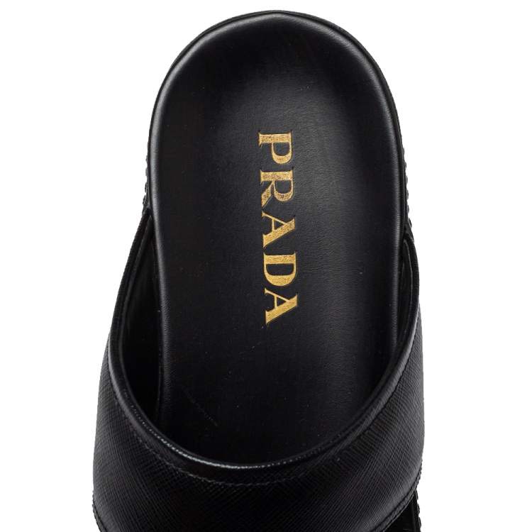 Pre Owned Prada Black Leather  Buckle Slide Flat Sandals Size 41.5