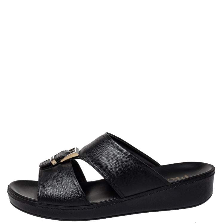 Pre Owned Prada Black Leather  Buckle Slide Flat Sandals Size 41.5