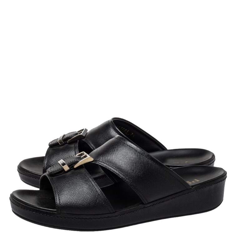 Pre Owned Prada Black Leather  Buckle Slide Flat Sandals Size 41.5