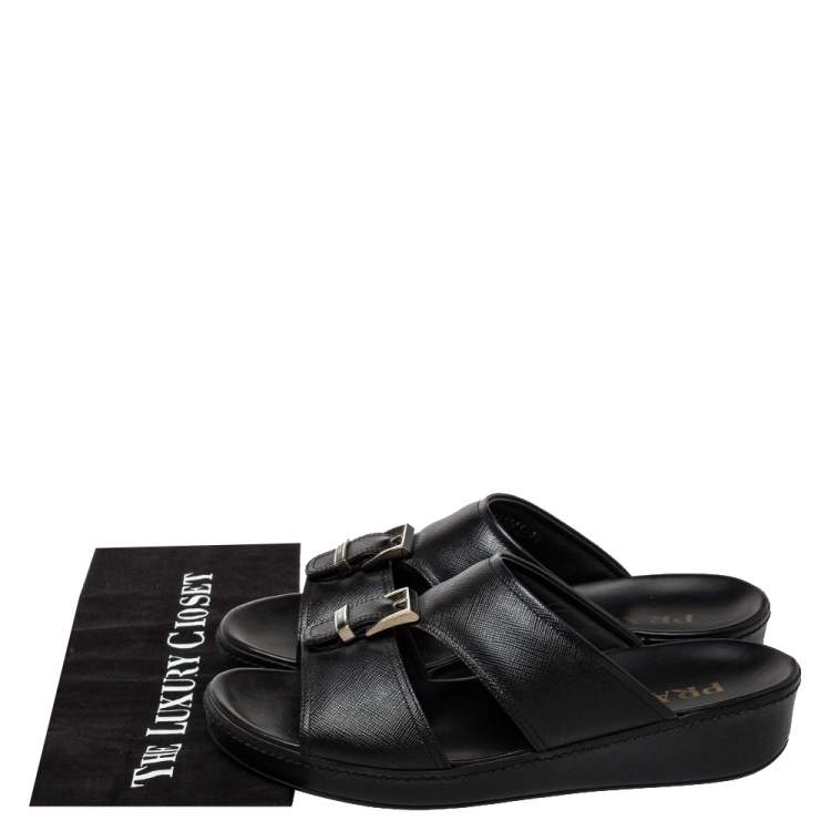 Pre Owned Prada Black Leather  Buckle Slide Flat Sandals Size 41.5