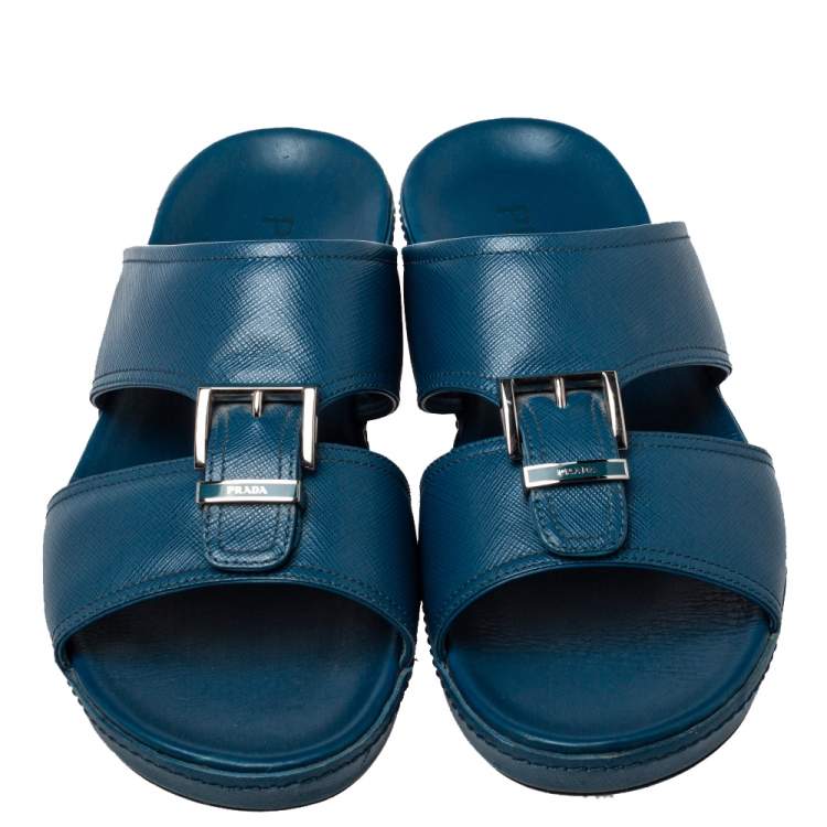 Pre Owned Prada Blue Saffiano Leather Slide Sandals Size 41.5