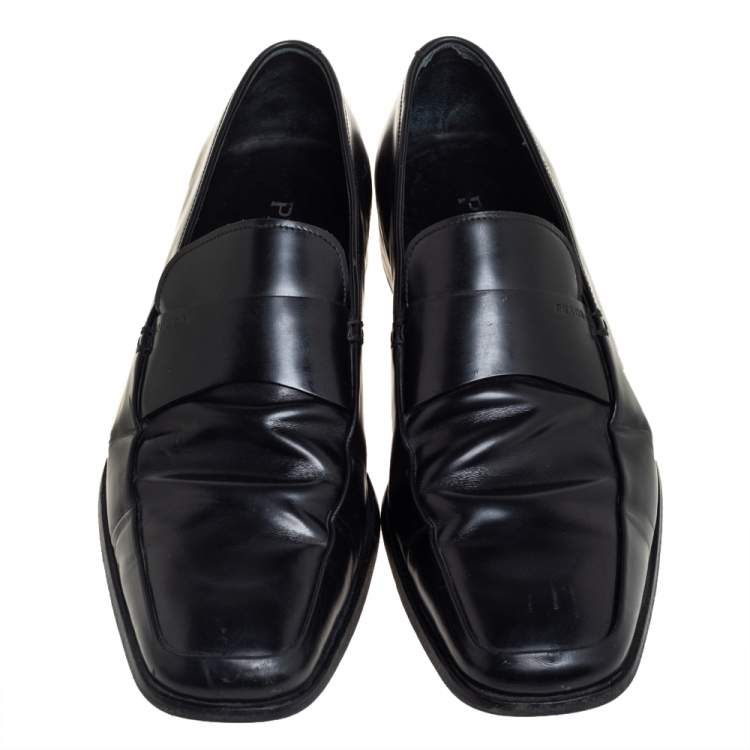 Pre Owned Prada Black Leather Slip On Loafers Size 43.5