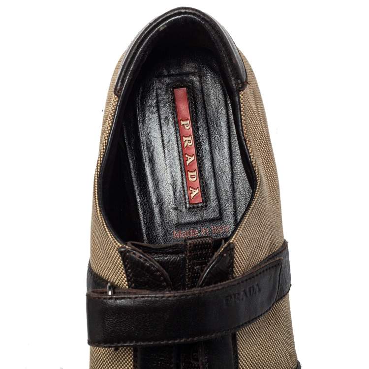 Pre Owned Prada Sport Dark Brown/Beige Canvas and Leather Velcro Sneakers Size 37