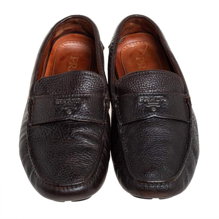 Pre Owned Prada Dark Brown Leather Slip On Loafers Size 41