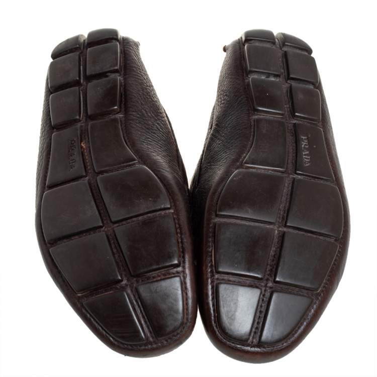 Pre Owned Prada Dark Brown Leather Slip On Loafers Size 41