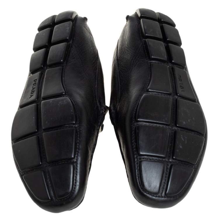 Pre Owned Prada Black Leather Logo Embellished Loafers Size 41