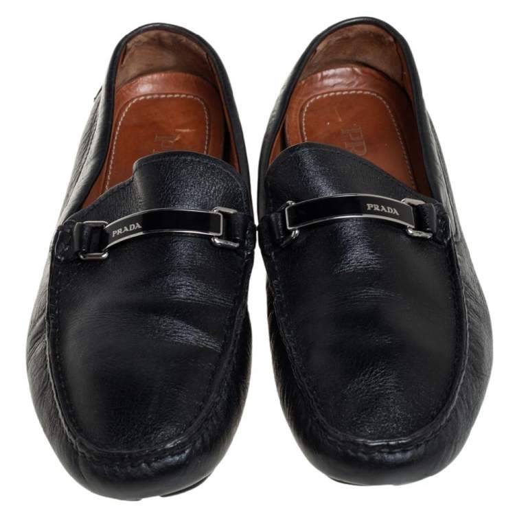 Pre Owned Prada Black Leather Logo Embellished Loafers Size 41