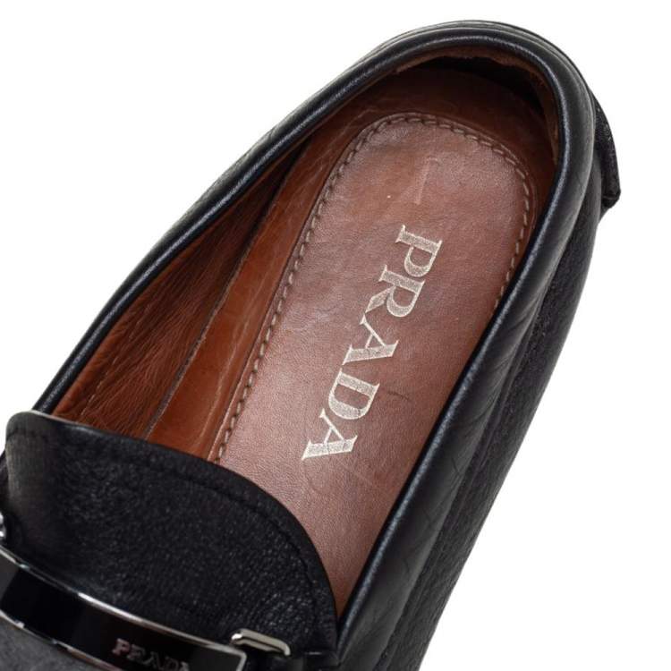 Pre Owned Prada Black Leather Logo Embellished Loafers Size 41