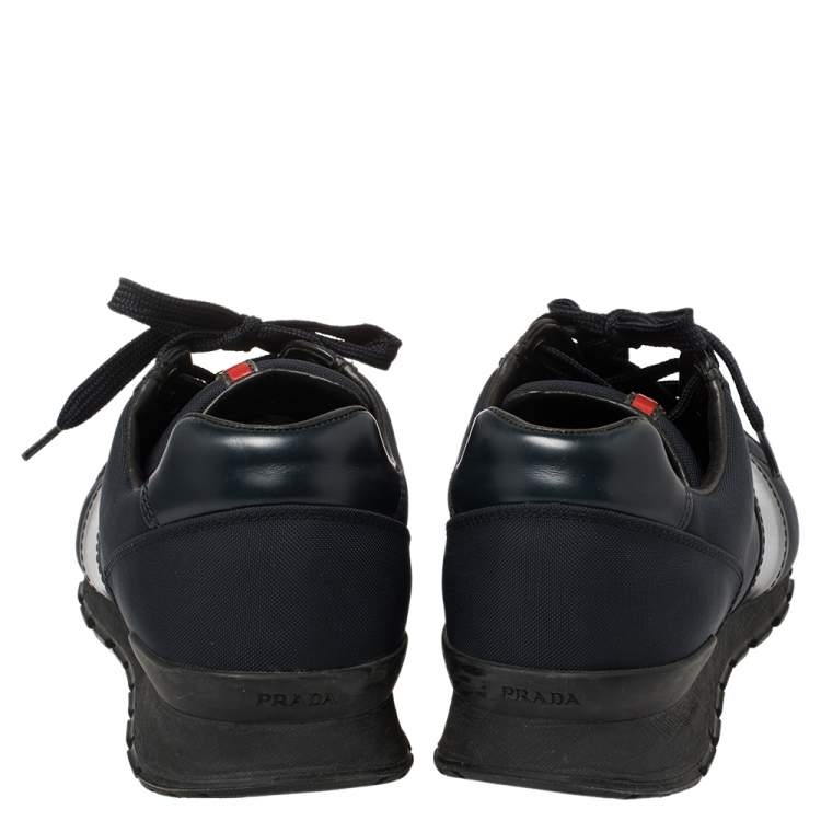 Pre Owned Prada Dark Blue Canvas And Leather Lace Up Sneakers Size 41.5