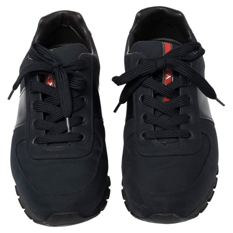 Pre Owned Prada Dark Blue Canvas And Leather Lace Up Sneakers Size 41.5
