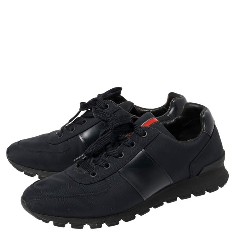 Pre Owned Prada Dark Blue Canvas And Leather Lace Up Sneakers Size 41.5
