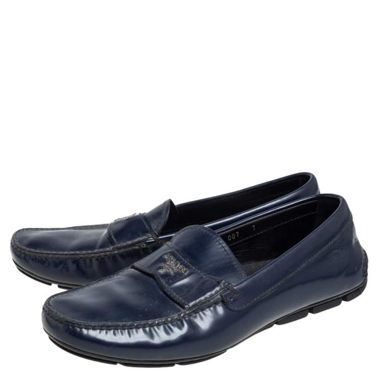 Pre Owned Prada Blue Leather Slip On Loafers Size 41