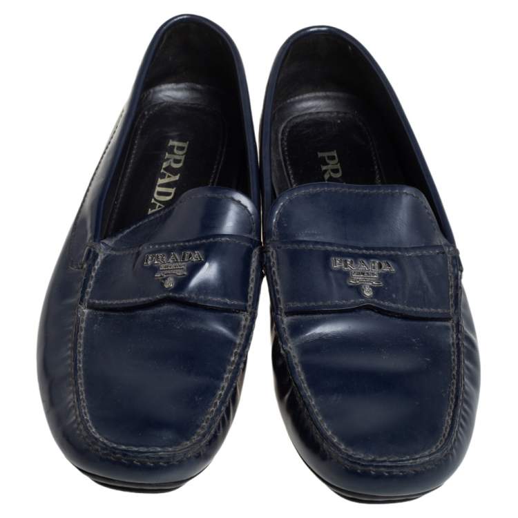 Pre Owned Prada Blue Leather Slip On Loafers Size 41