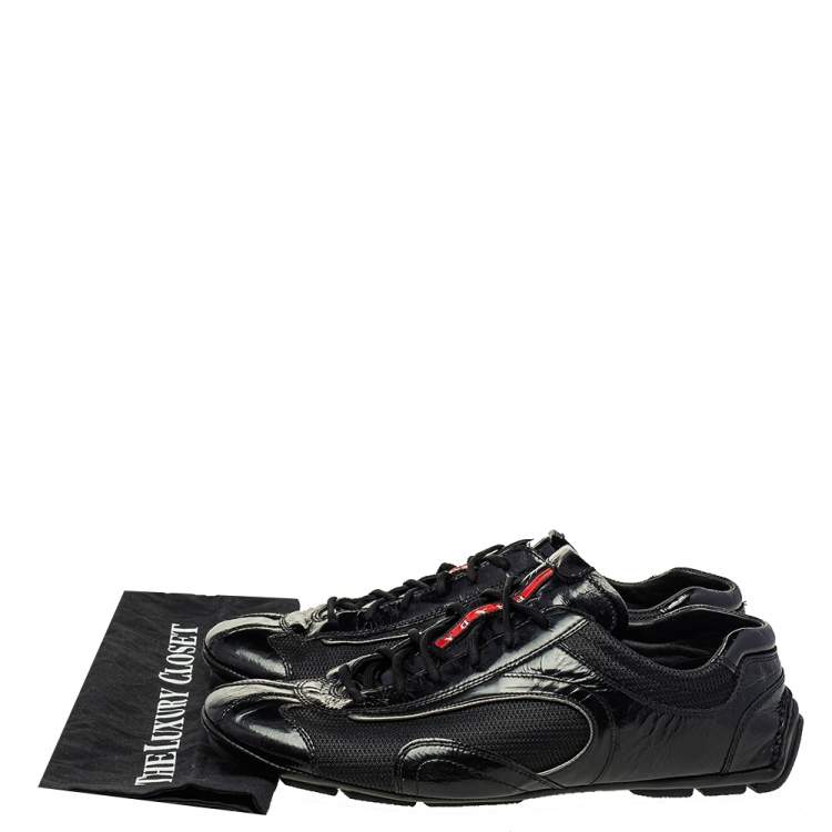 Pre Owned Prada Black Mesh And Patent Leather Low Top Sneakers Size 44