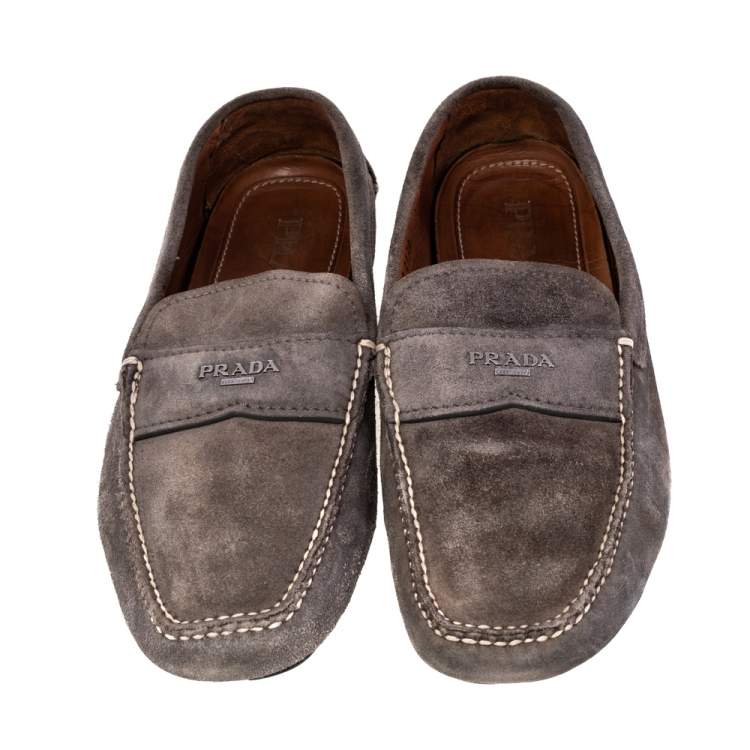 Pre Owned Prada Grey Suede Slip-On Loafers Size 41.5