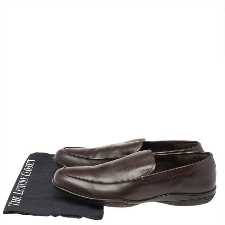 Pre Owned Prada Brown Leather Slip On Loafers Size 43.5