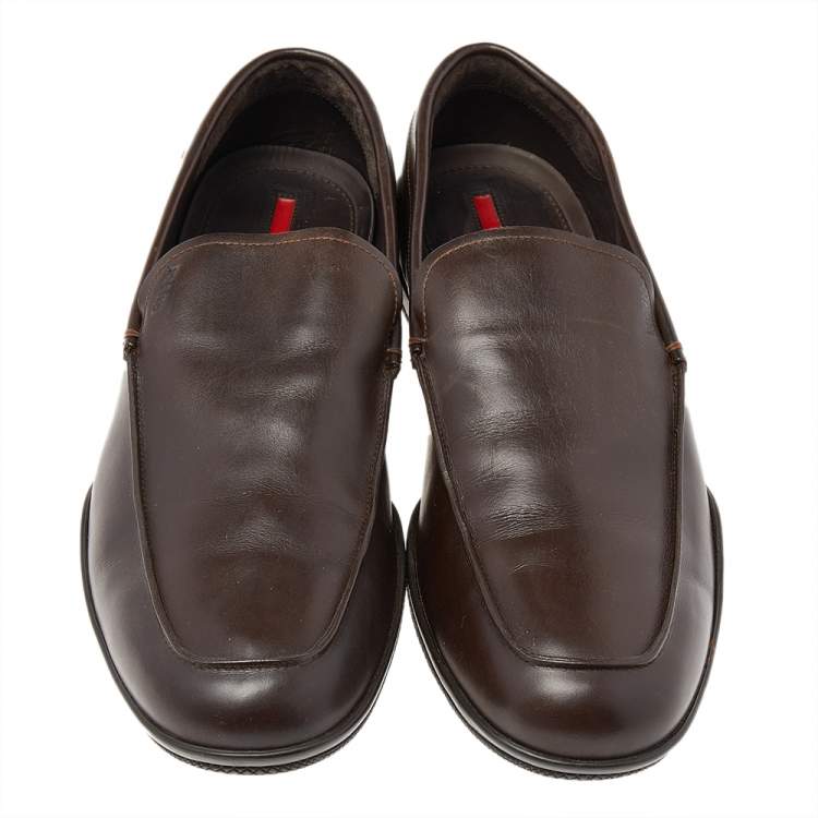 Pre Owned Prada Brown Leather Slip On Loafers Size 43.5