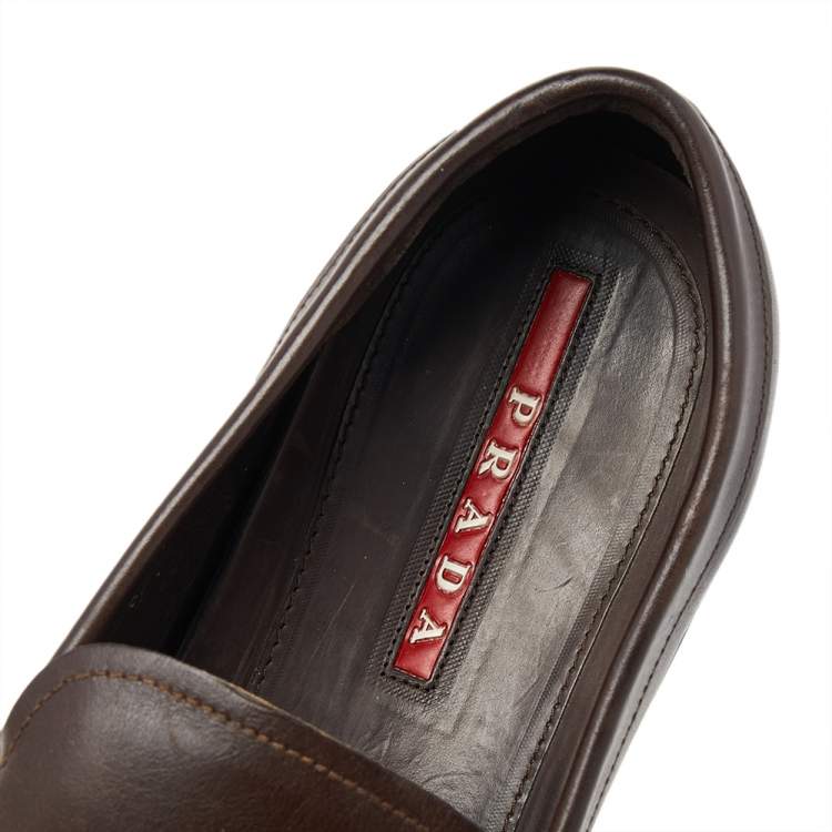 Pre Owned Prada Brown Leather Slip On Loafers Size 43.5