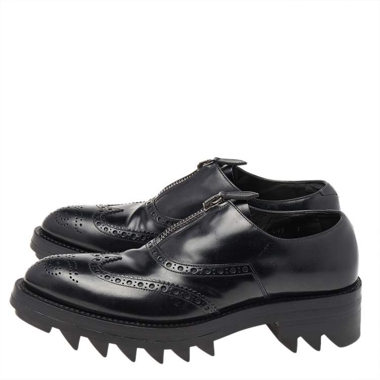 Pre Owned Prada Black Leather Brogue Zipper Platform Oxfords Size 41