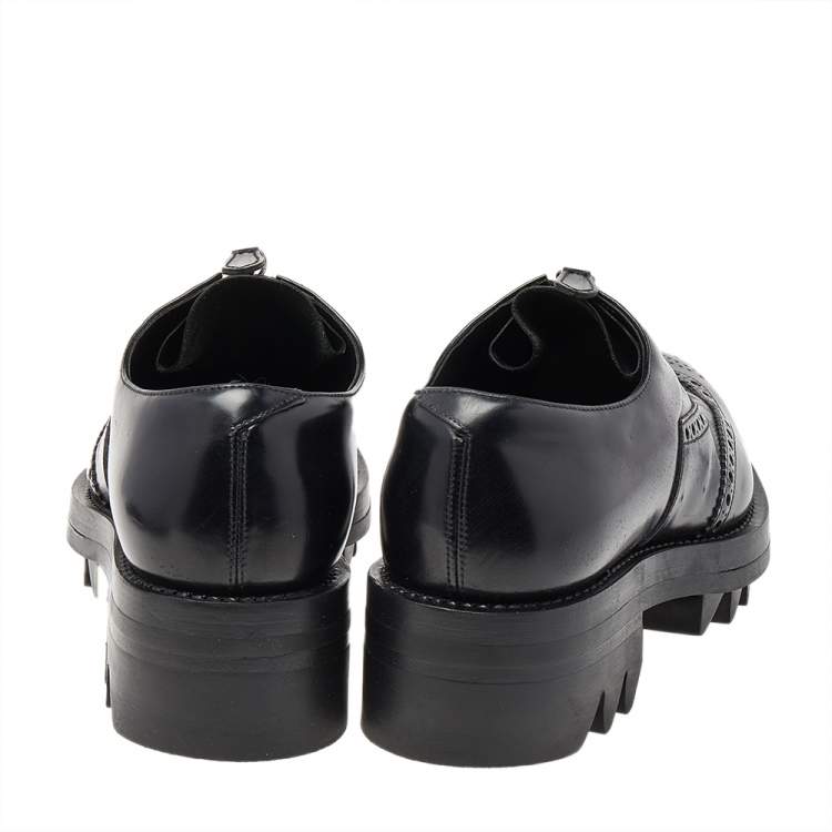 Pre Owned Prada Black Leather Brogue Zipper Platform Oxfords Size 41