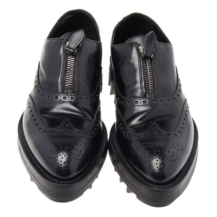 Pre Owned Prada Black Leather Brogue Zipper Platform Oxfords Size 41