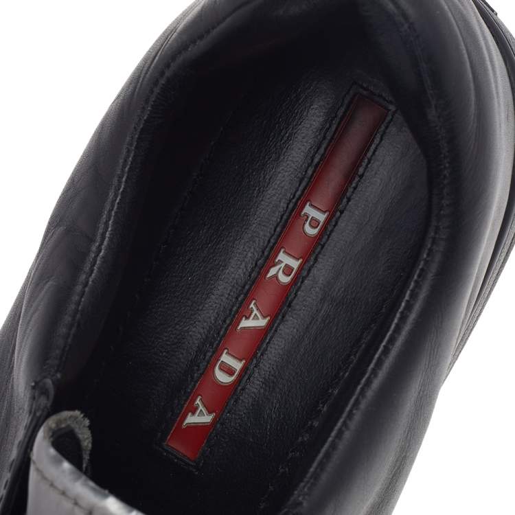 Pre Owned Prada Black/Silver Leather Slip-On Sneakers Size 38