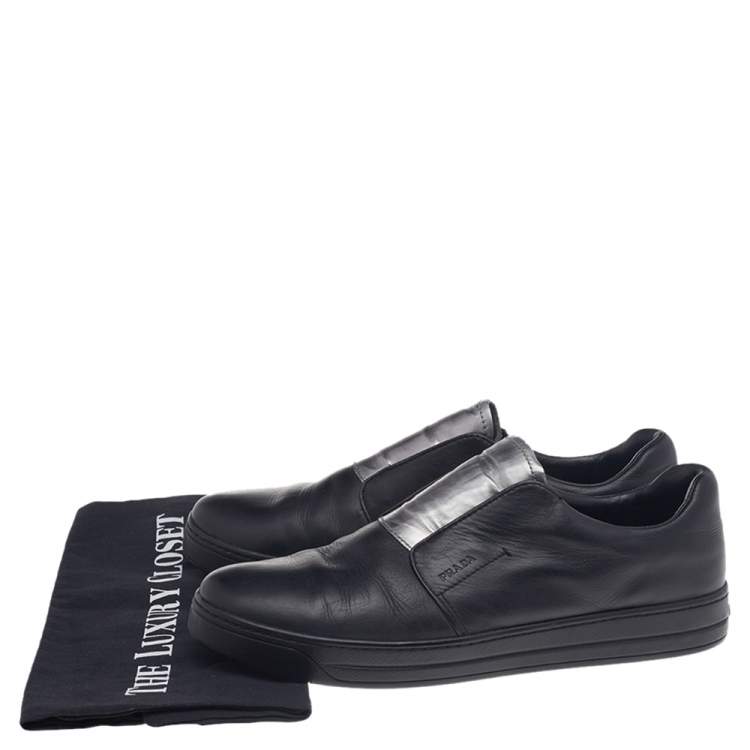 Pre Owned Prada Black/Silver Leather Slip-On Sneakers Size 38