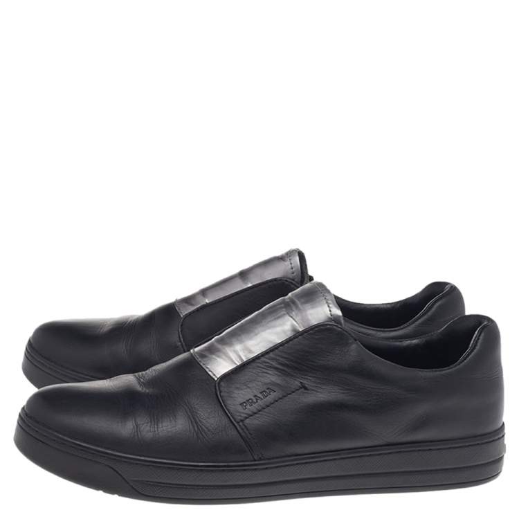 Pre Owned Prada Black/Silver Leather Slip-On Sneakers Size 38