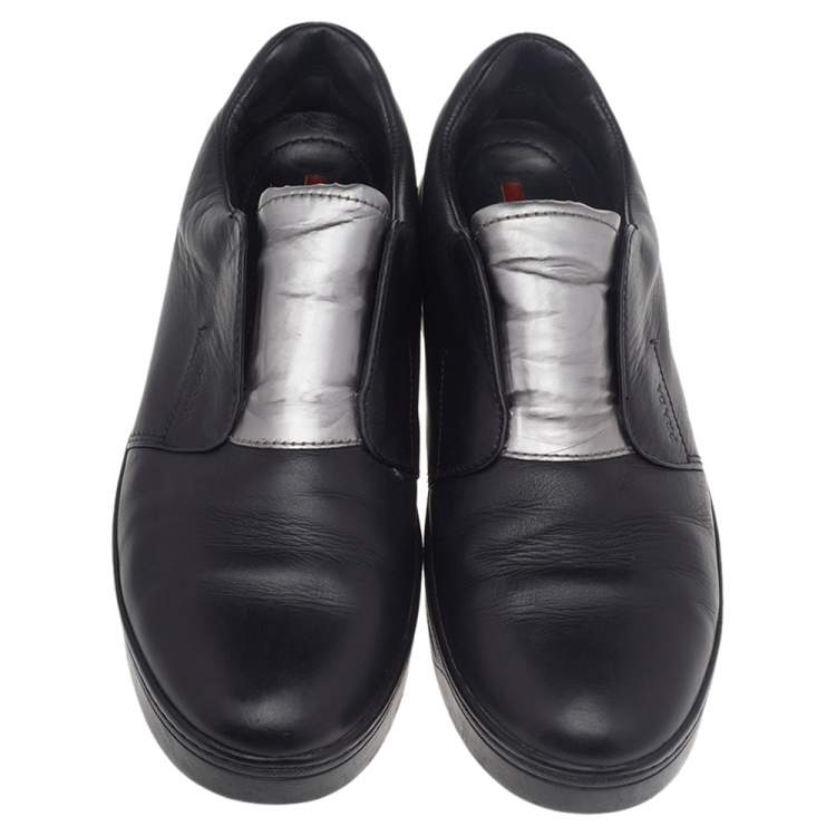Pre Owned Prada Black/Silver Leather Slip-On Sneakers Size 38